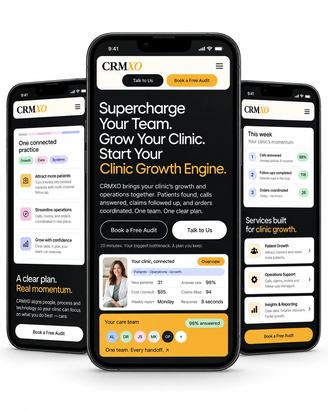 CRMXO website presented across three mobile screens