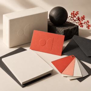 AI-generated branding concept with stationery and colour swatches